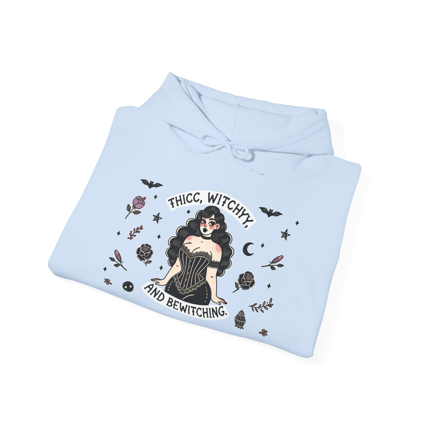 🔮“Thicc Witchyy” Unisex Heavy Blend™ Hooded Sweatshirt — curvy, cursed, and casting chaos 🖤🕯️🌙✨