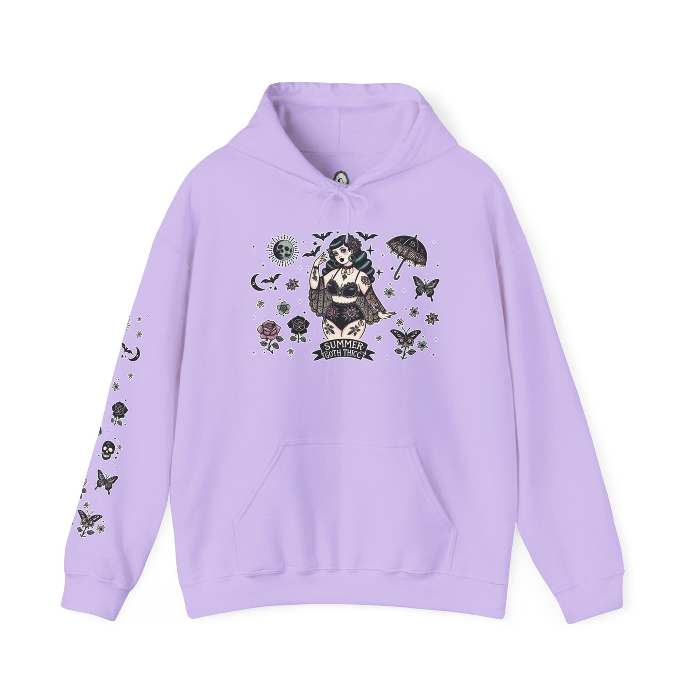 🕷️“Summer Goth Thicc” Unisex Heavy Blend™ Hooded Sweatshirt — hot, haunted, and too bold to melt 🖤🌞🕶️🕷️