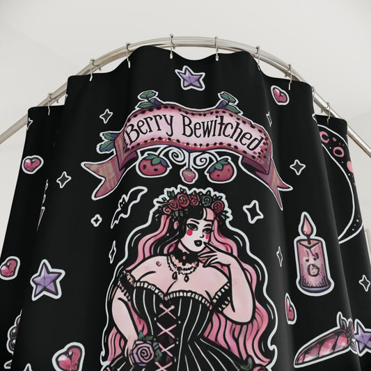 “Berry Bewitched” Shower Curtain – Black — sweet spells & cursed cravings 🍓🔮🖤🚿