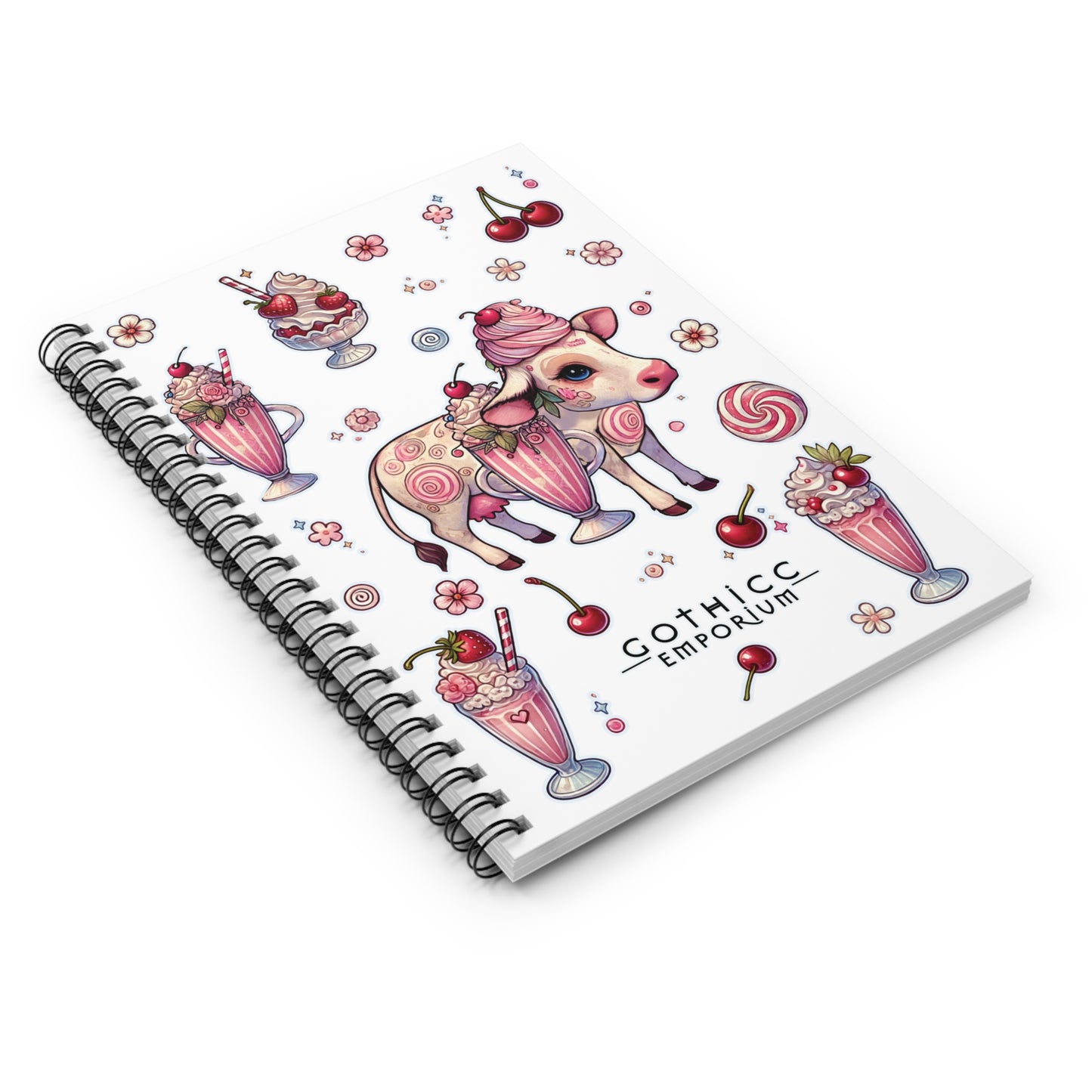 “Milkshake Cow” Spiral Notebook – Ruled Line in White — thick thoughts, creamy chaos, and pages full of attitude 🐄📓🍓🖤