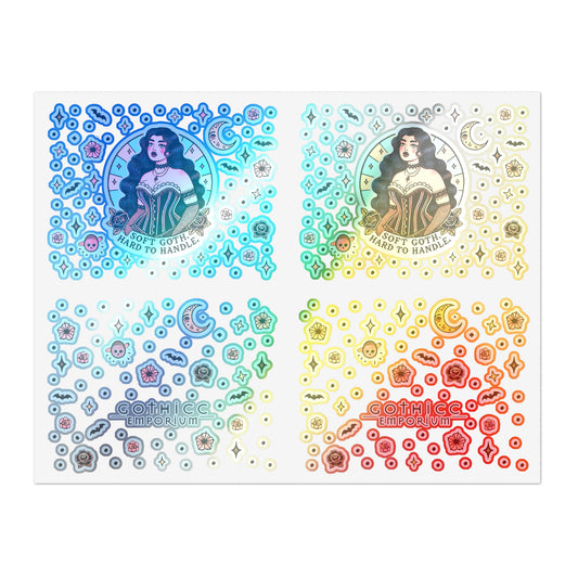 “Soft Goth” Holographic Sticker Sheet – 11x8.5 — pastel chills with a holographic thrill 🖤🌸🌈🕯️