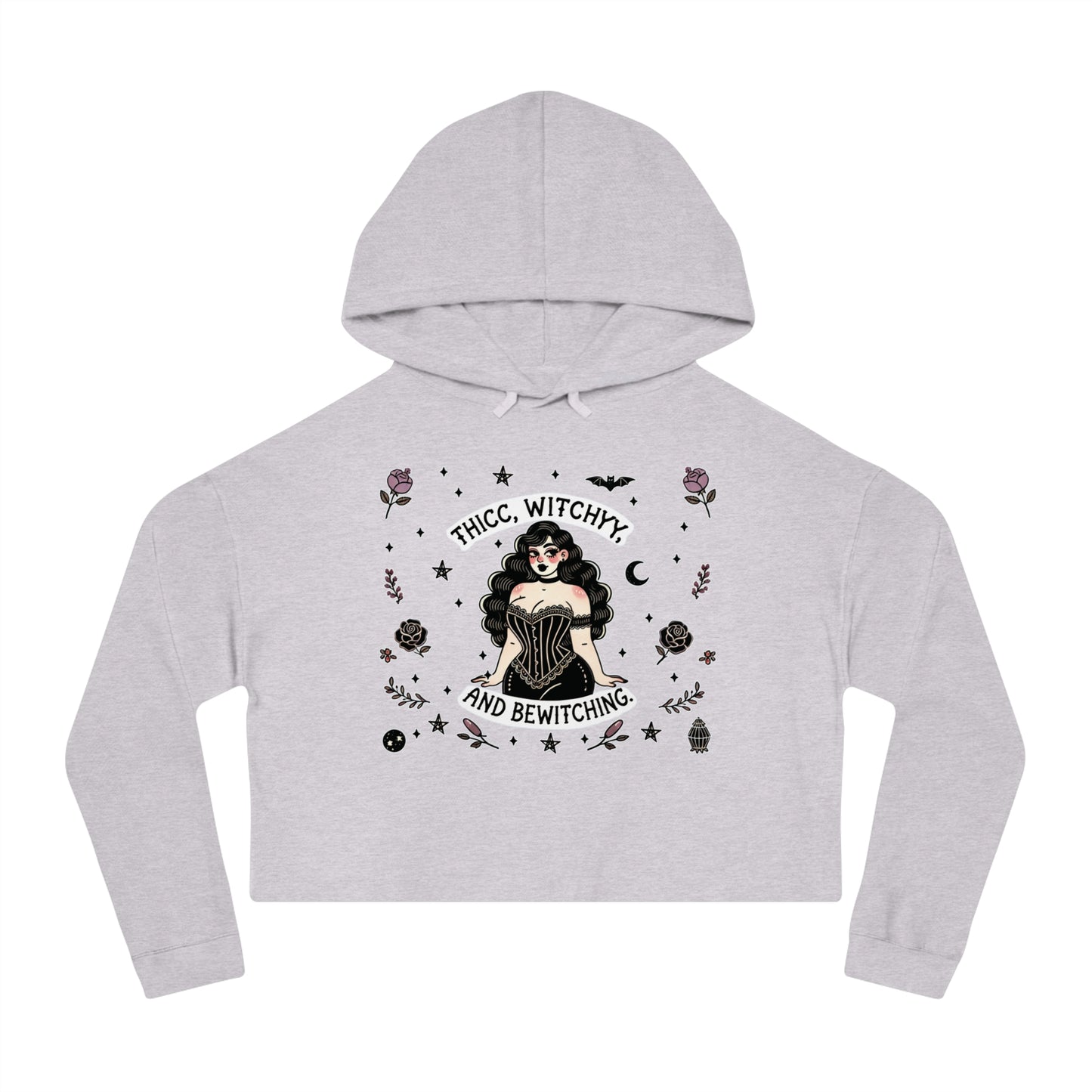 🌙 “Thicc Witchyy” Cropped Hooded Sweatshirt — cropped, curvy, and conjuring chaos 🖤🕯️✨