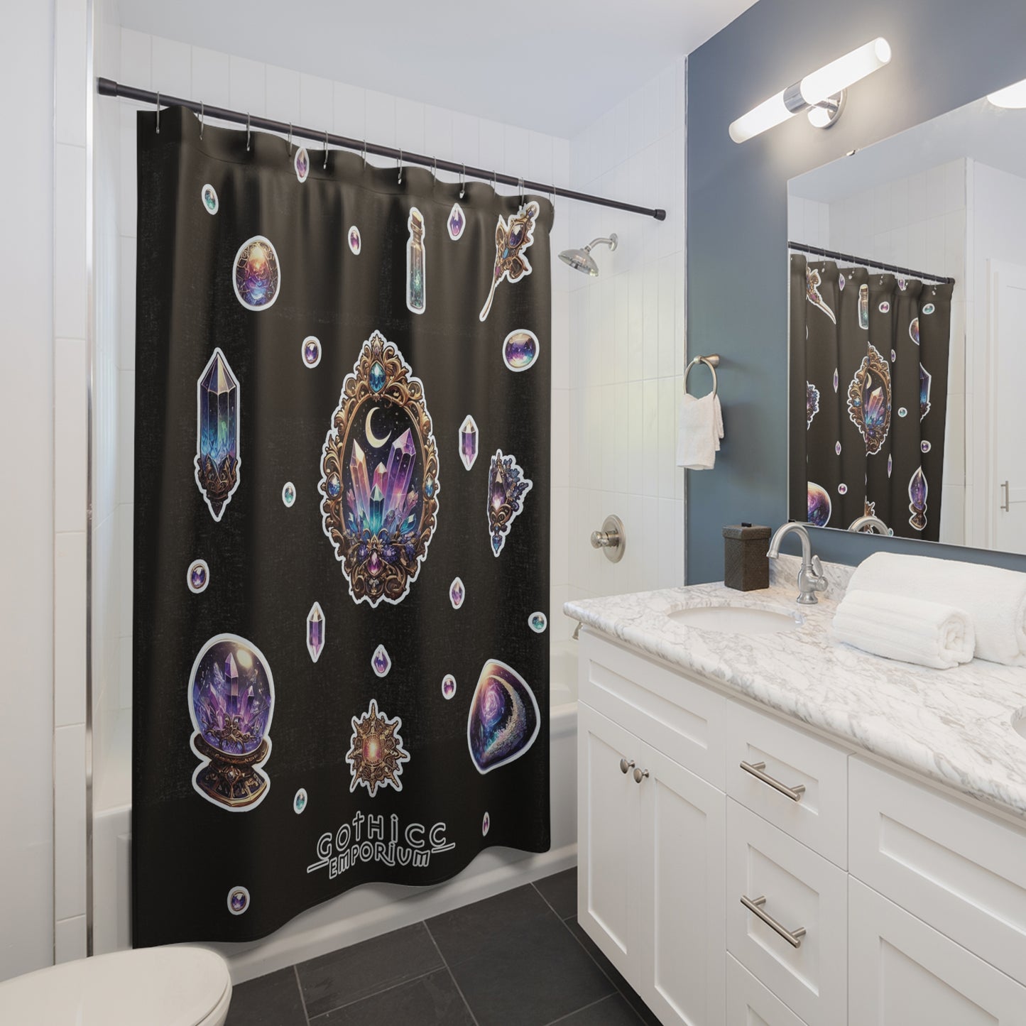 💎“Crystal Gem” Shower Curtain in Black — sacred sparkle, bathroom witchery, and moody glam 💎🖤🚿✨