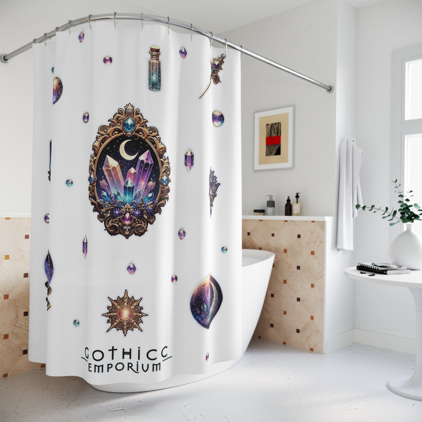 “Crystal Gem” Shower Curtain in White — sacred sparkle, bathroom witchery, and moody glam 💎🖤🚿✨