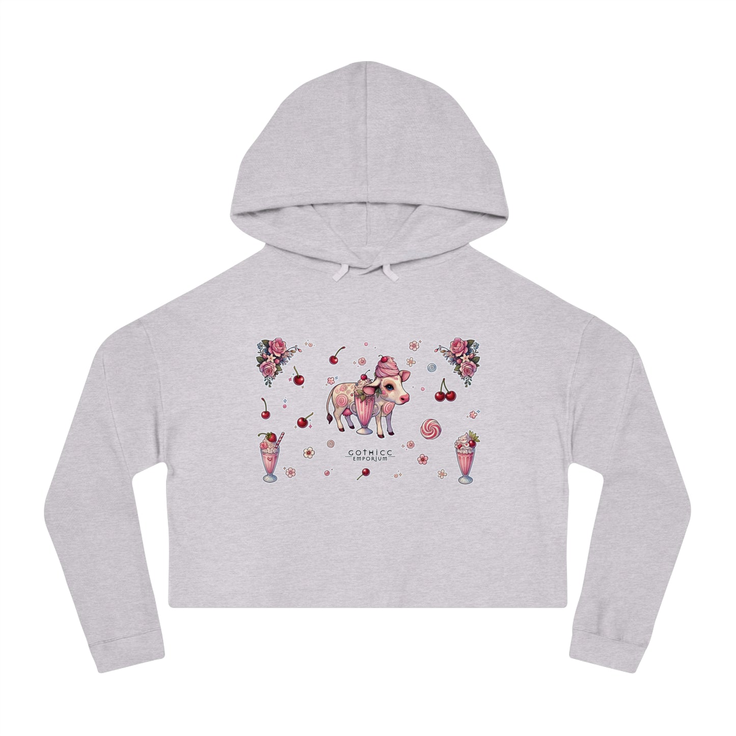 🍓“Milkshake Cow” Cropped Hooded Sweatshirt — thick-cut charm with a mooo-dy twist 🐄🥤🖤✨