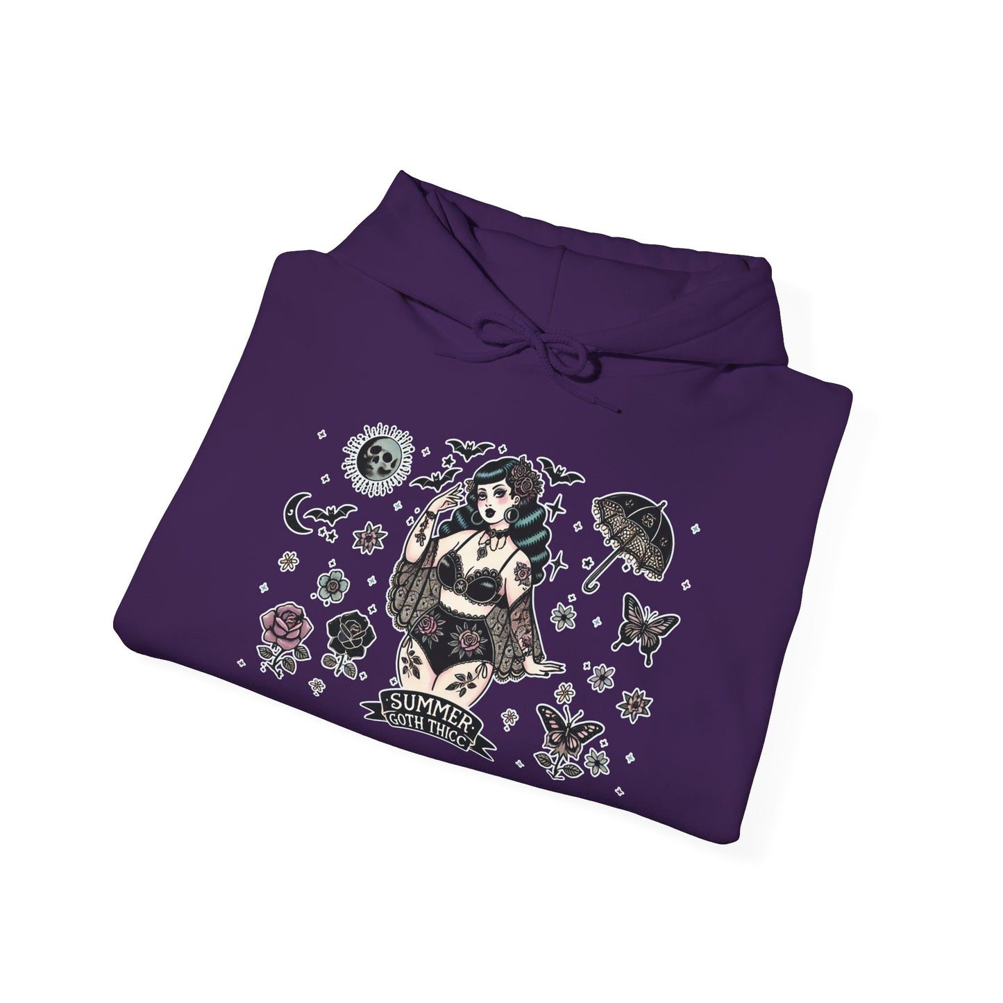 🕷️“Summer Goth Thicc” Unisex Heavy Blend™ Hooded Sweatshirt — hot, haunted, and too bold to melt 🖤🌞🕶️🕷️