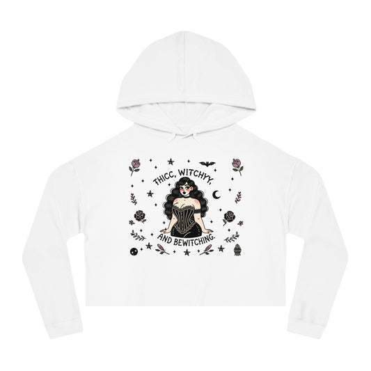 🌙 “Thicc Witchyy” Cropped Hooded Sweatshirt — cropped, curvy, and conjuring chaos 🖤🕯️✨