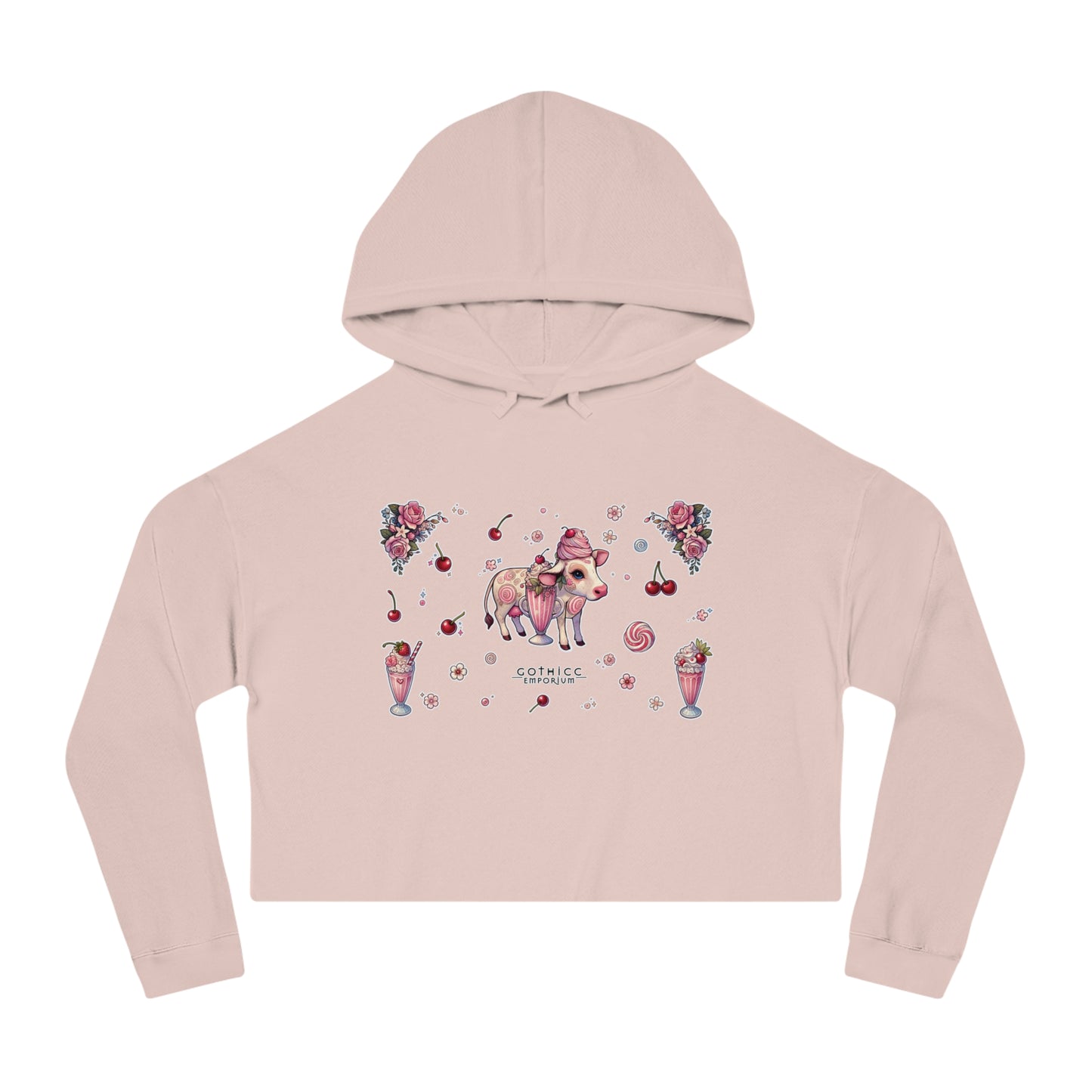 🍓“Milkshake Cow” Cropped Hooded Sweatshirt — thick-cut charm with a mooo-dy twist 🐄🥤🖤✨