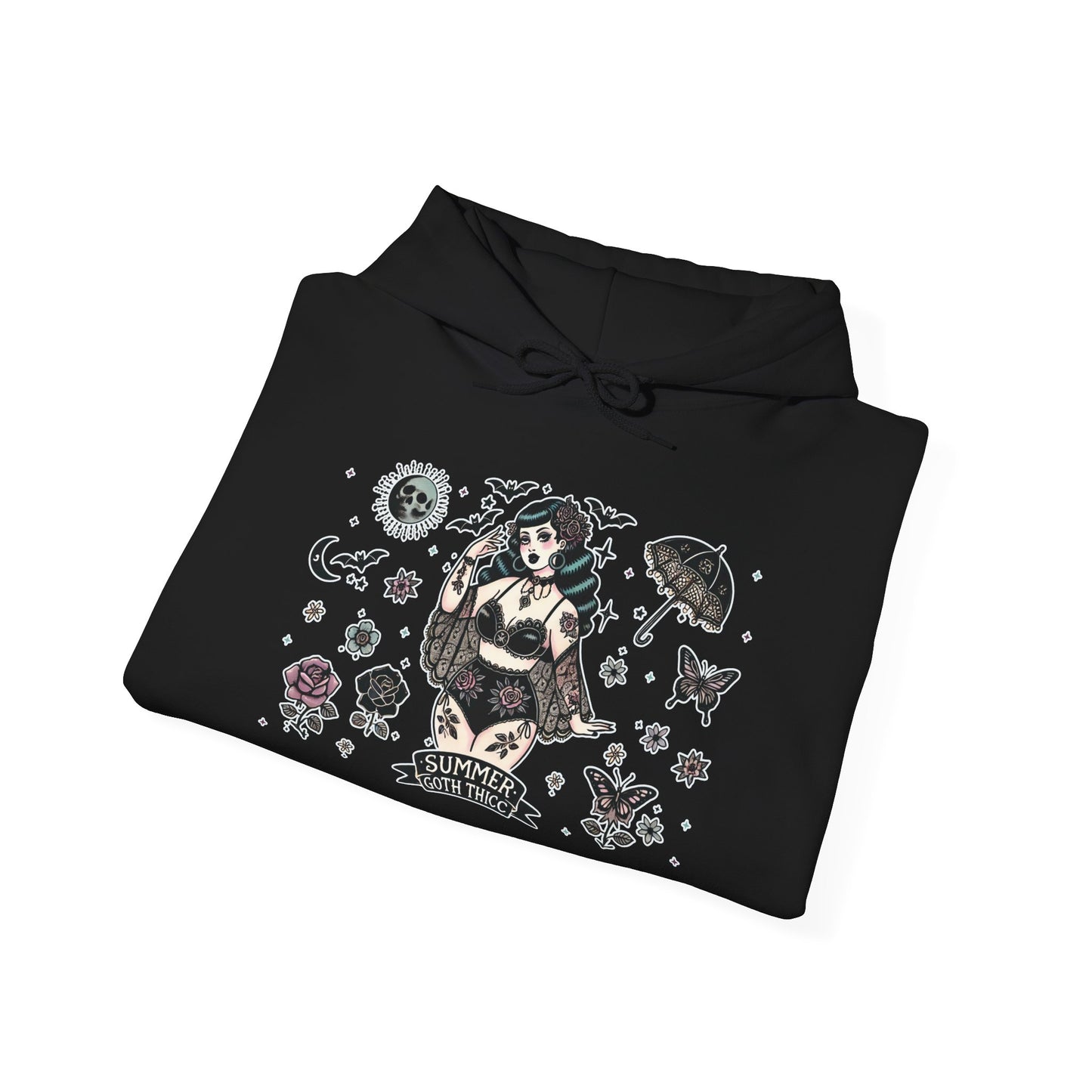🕷️“Summer Goth Thicc” Unisex Heavy Blend™ Hooded Sweatshirt — hot, haunted, and too bold to melt 🖤🌞🕶️🕷️