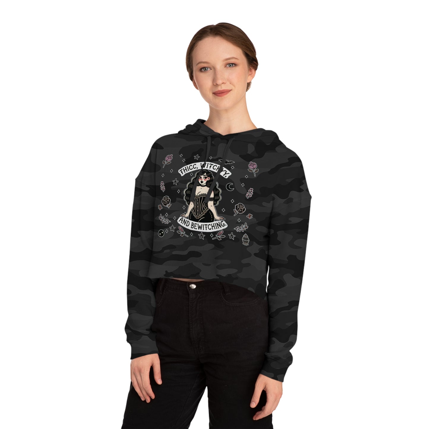 🌙 “Thicc Witchyy” Cropped Hooded Sweatshirt — cropped, curvy, and conjuring chaos 🖤🕯️✨