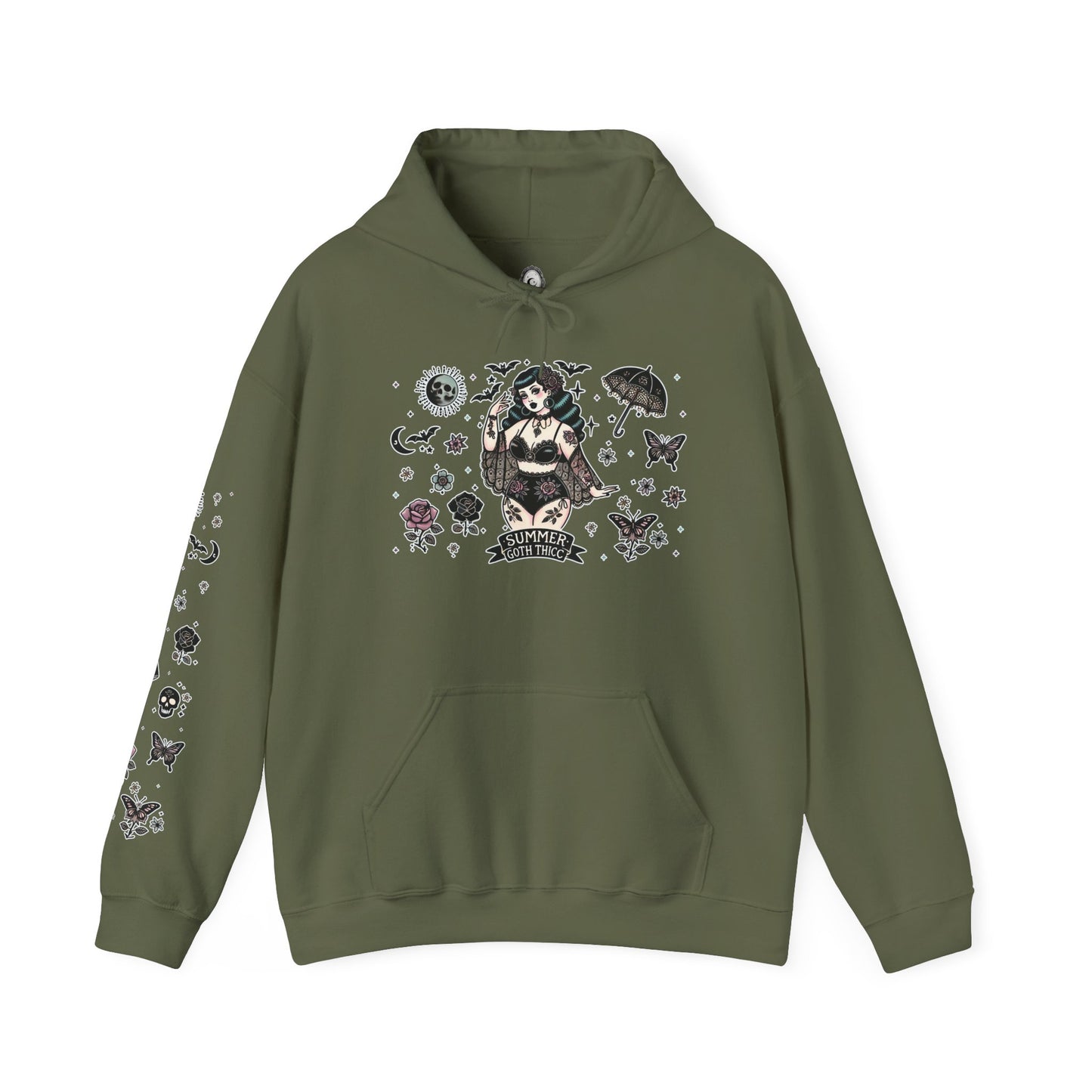 🕷️“Summer Goth Thicc” Unisex Heavy Blend™ Hooded Sweatshirt — hot, haunted, and too bold to melt 🖤🌞🕶️🕷️