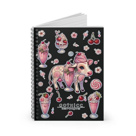 “Milkshake Cow” Spiral Notebook – Ruled Line in Black — thick thoughts, creamy chaos, and pages full of attitude 🐄📓🍓🖤