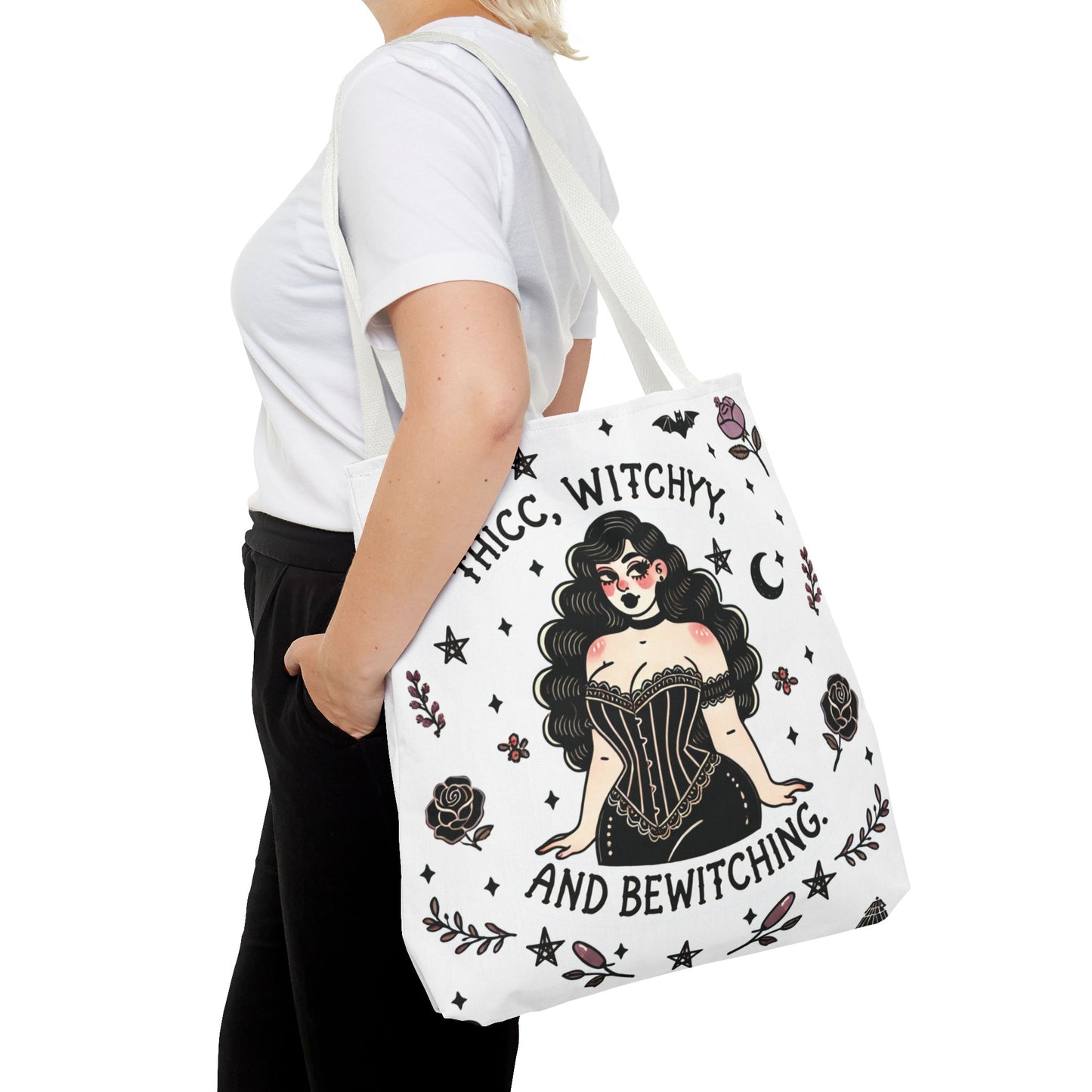 🧹 “Thicc Witchyy” Tote Bag – White (18x18)