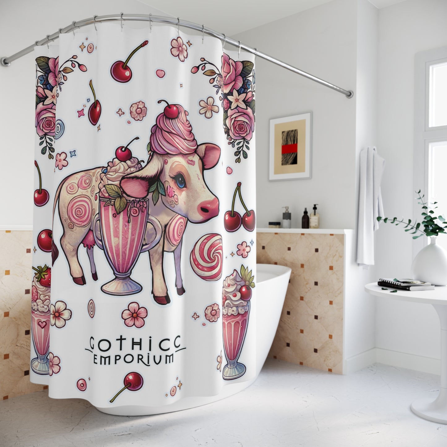 “Milkshake Cow” Shower Curtain in White — dairy drama, bathroom glam, and curves that cling 🐄🥤🛁✨