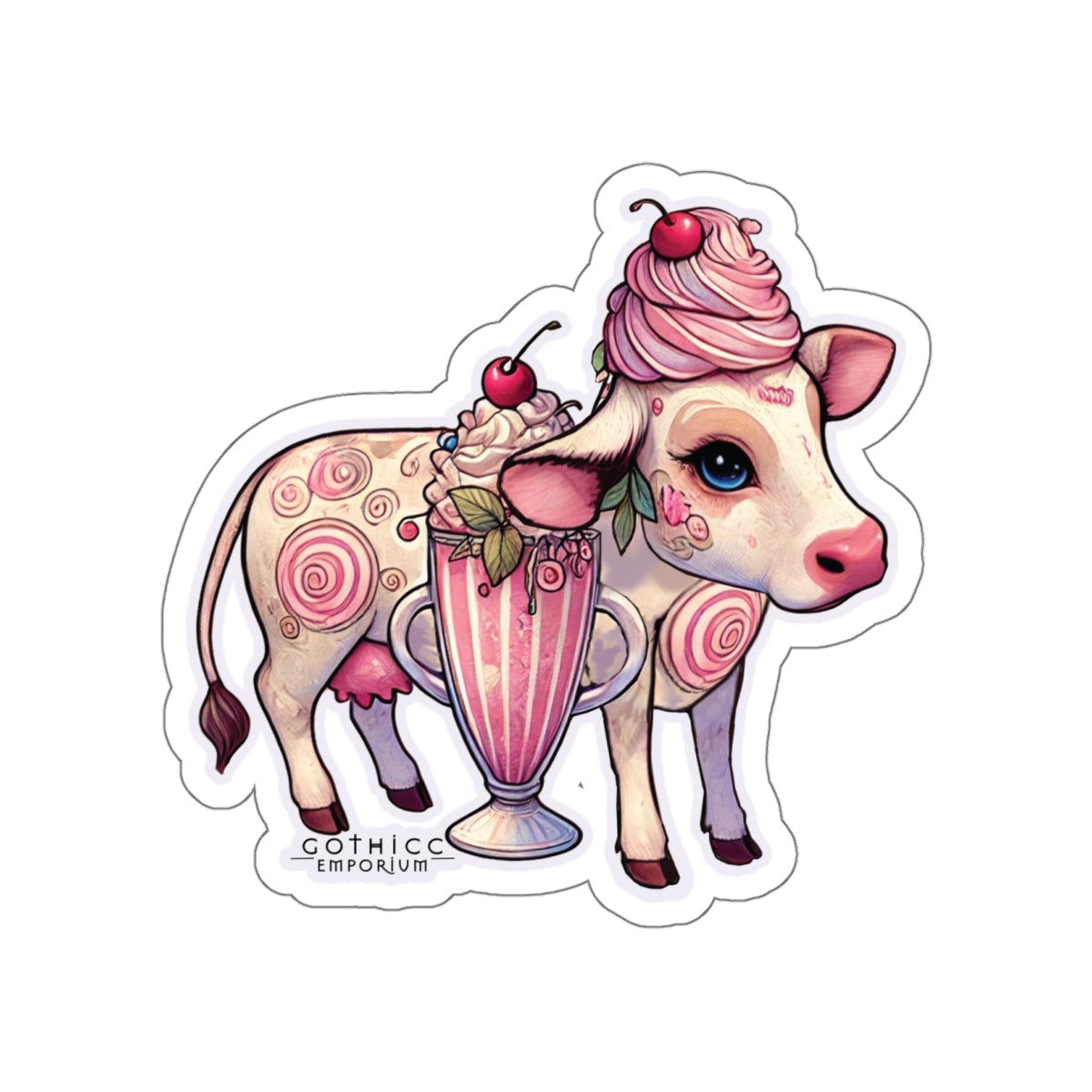 “Milkshake Cow” Die-Cut Vinyl Sticker — udderly unhinged and cute to curse 🐄🍓🖤
