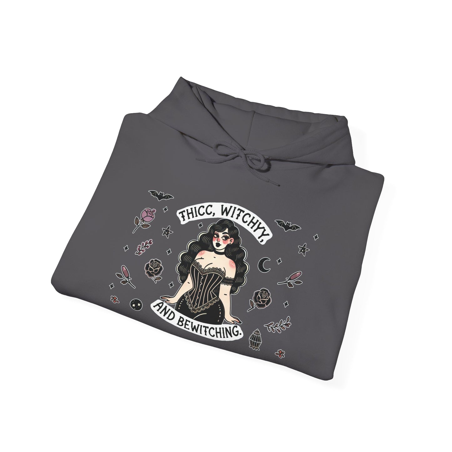 🔮“Thicc Witchyy” Unisex Heavy Blend™ Hooded Sweatshirt — curvy, cursed, and casting chaos 🖤🕯️🌙✨