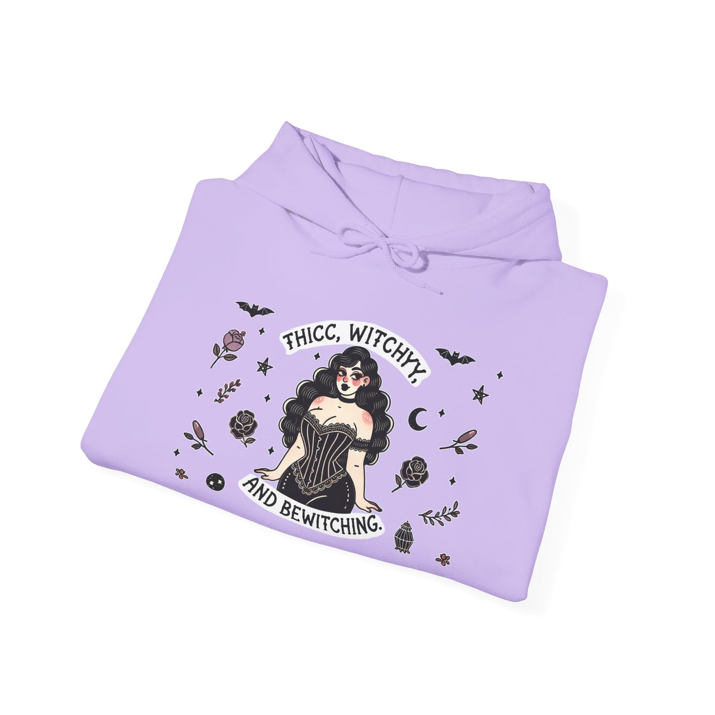 🔮“Thicc Witchyy” Unisex Heavy Blend™ Hooded Sweatshirt — curvy, cursed, and casting chaos 🖤🕯️🌙✨