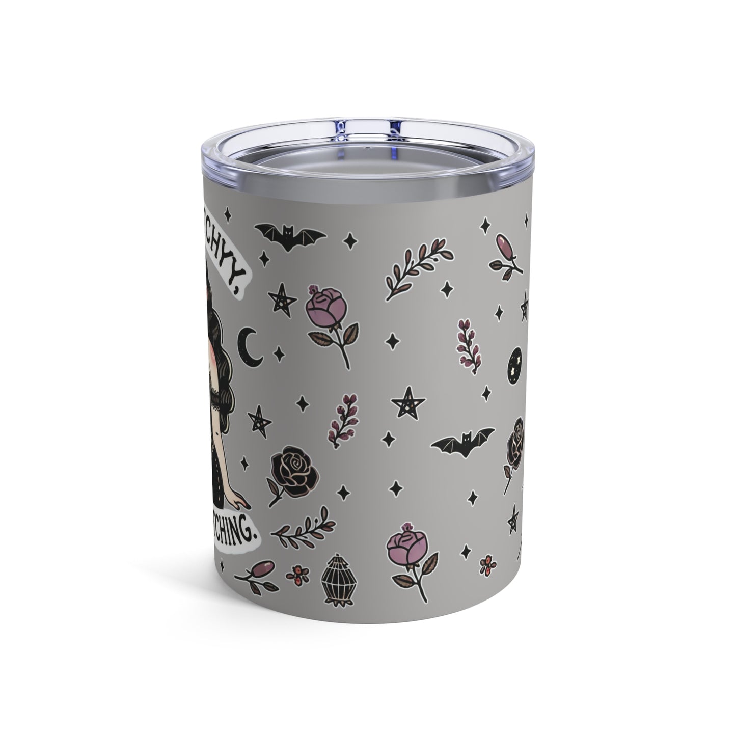 “Thicc Witchyy” Tumbler – 10oz in grey — brewed bold, served hot, and built for curves & curses 🧹🔥🖤✨