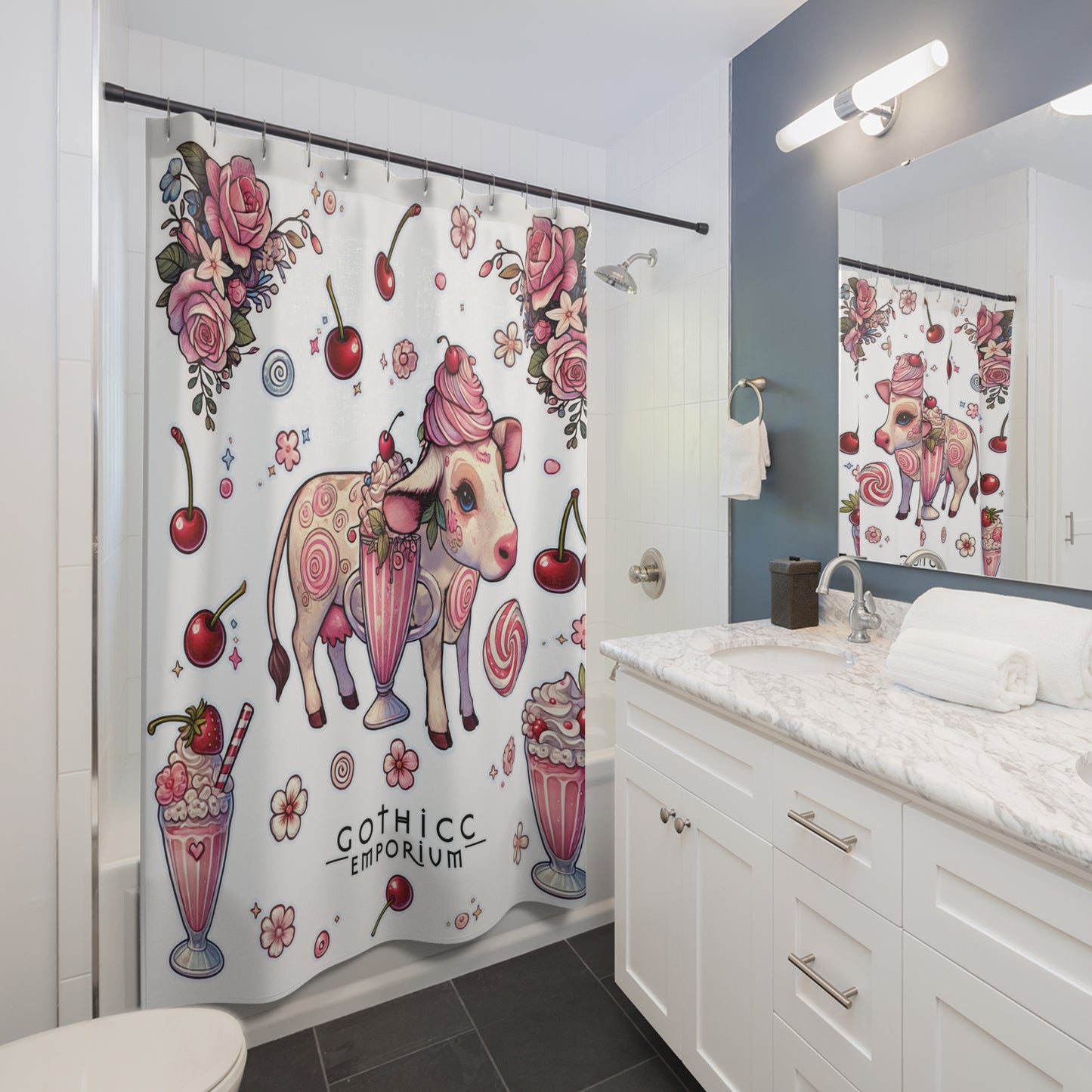 “Milkshake Cow” Shower Curtain in White — dairy drama, bathroom glam, and curves that cling 🐄🥤🛁✨