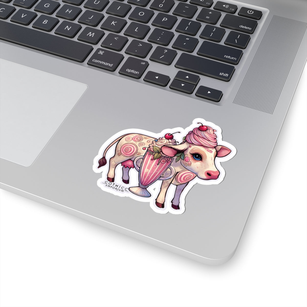 “Milkshake Cow” Kiss-Cut Sticker — dairy-core chaos with spooky-sweet sass 🐄🍓🖤✨