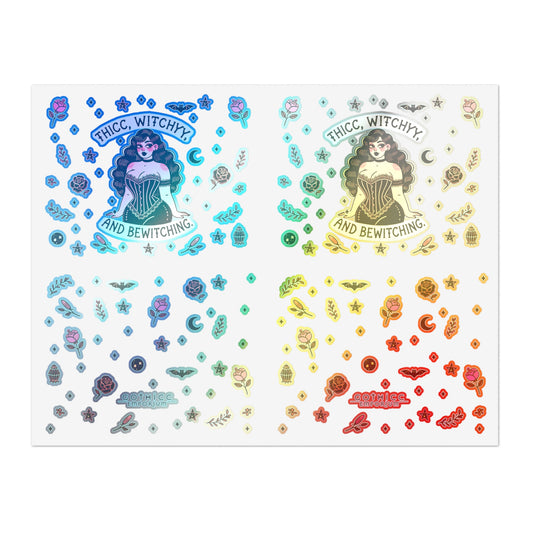 “Thicc Witchyy” Holographic Sticker Sheet – 11x8.5 — glam spells & glowing curves 🧙♀️🍑🌈🖤