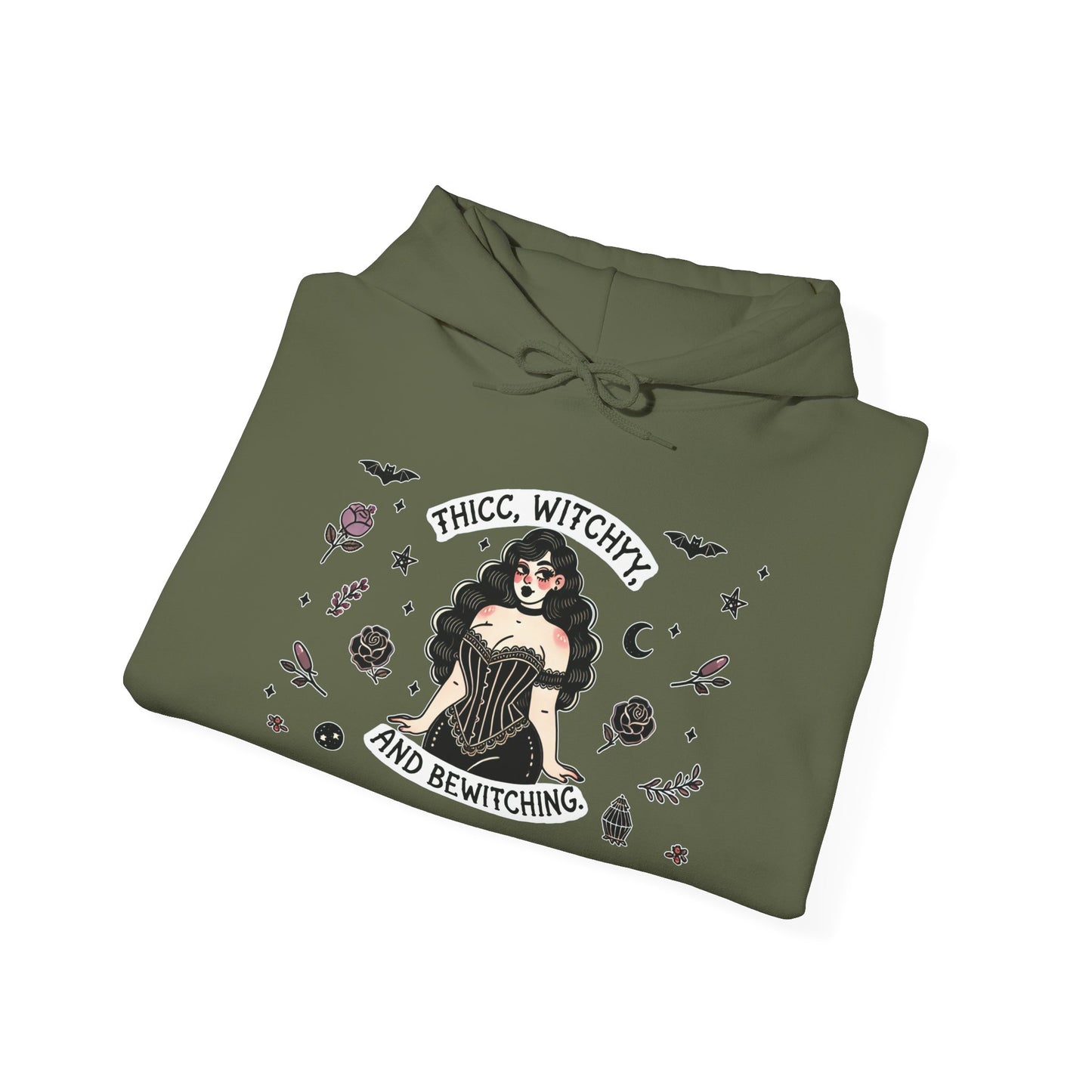 🔮“Thicc Witchyy” Unisex Heavy Blend™ Hooded Sweatshirt — curvy, cursed, and casting chaos 🖤🕯️🌙✨