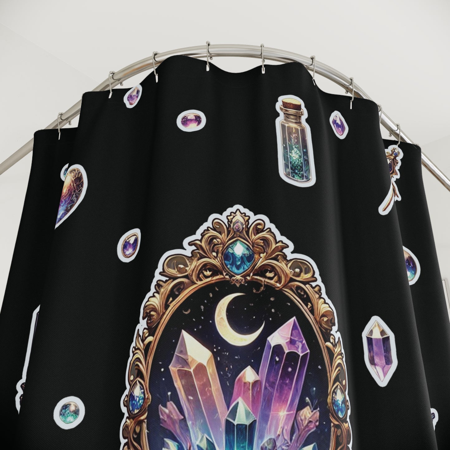 💎“Crystal Gem” Shower Curtain in Black — sacred sparkle, bathroom witchery, and moody glam 💎🖤🚿✨