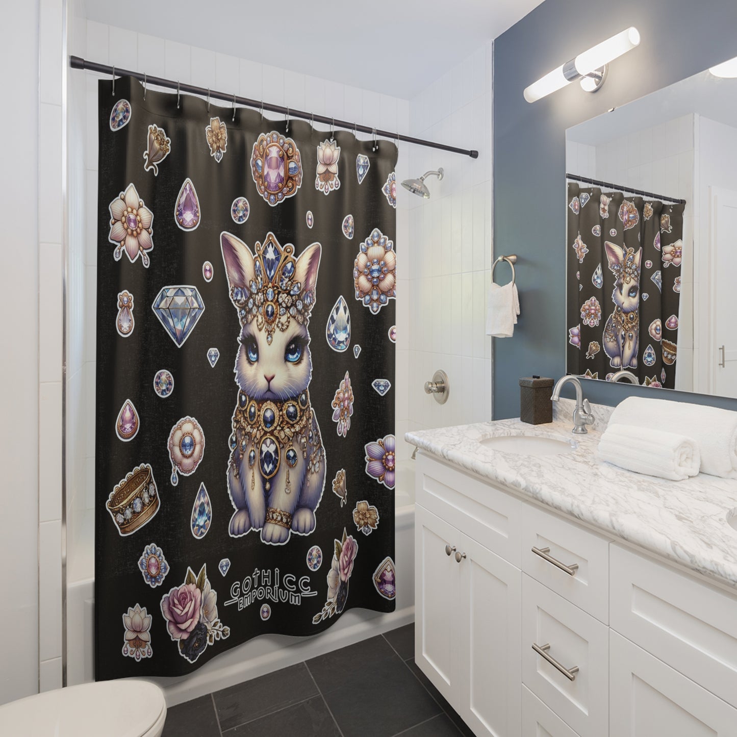“Jeweled Bunny” Shower Curtain – Black — glam chaos for your dark little lair 🐰💎🖤🚿