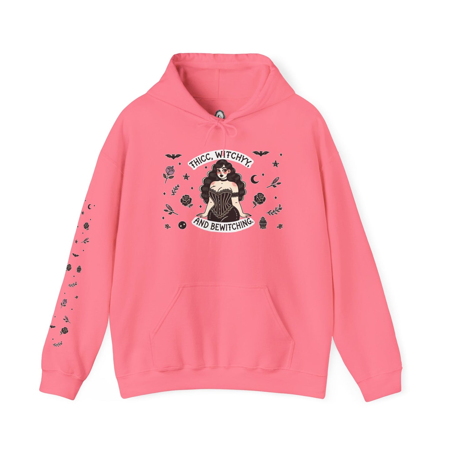 🔮“Thicc Witchyy” Unisex Heavy Blend™ Hooded Sweatshirt — curvy, cursed, and casting chaos 🖤🕯️🌙✨