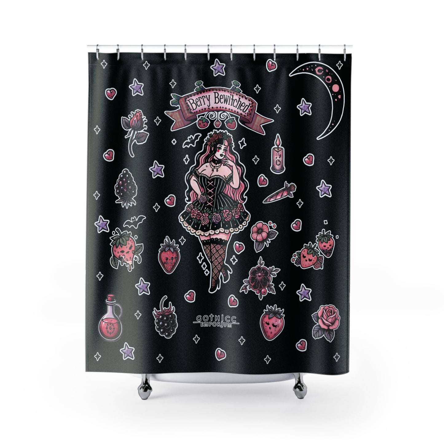 “Berry Bewitched” Shower Curtain – Black — sweet spells & cursed cravings 🍓🔮🖤🚿