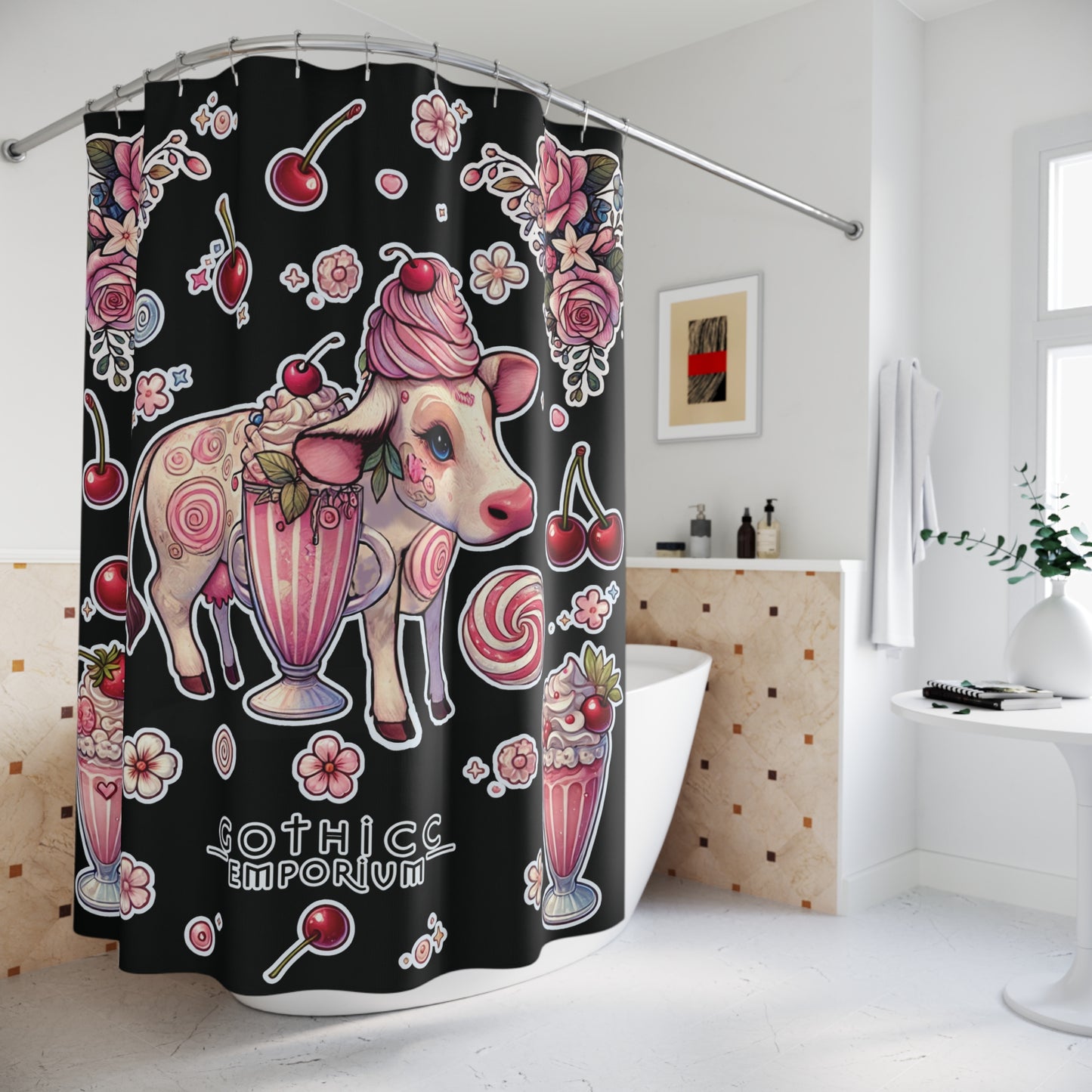 “Milkshake Cow” Shower Curtain in Black — dairy drama, bathroom glam, and curves that cling 🐄🥤🛁✨