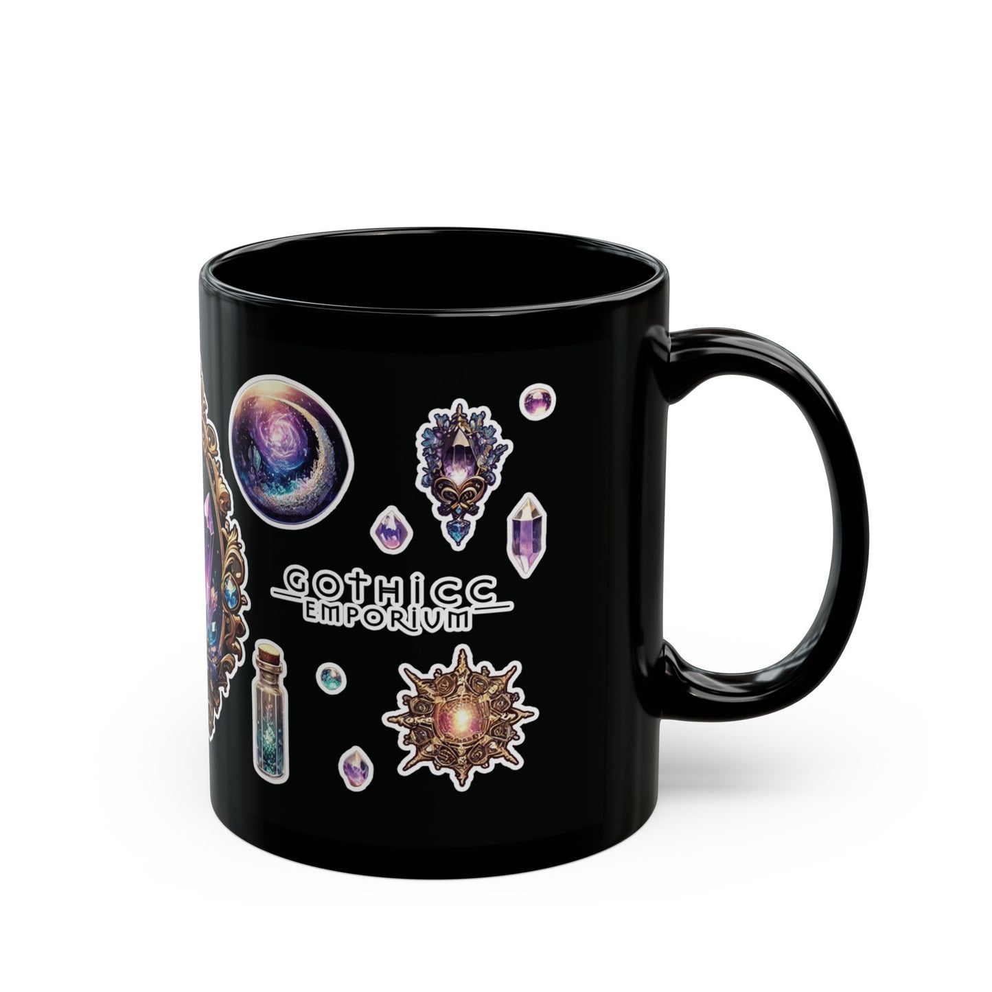 “Crystal Gem” Black Mug (11oz & 15oz) — mystical, moody, and made for magic sips 💎☕🌑✨