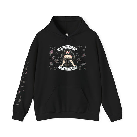 🔮“Thicc Witchyy” Unisex Heavy Blend™ Hooded Sweatshirt — curvy, cursed, and casting chaos 🖤🕯️🌙✨