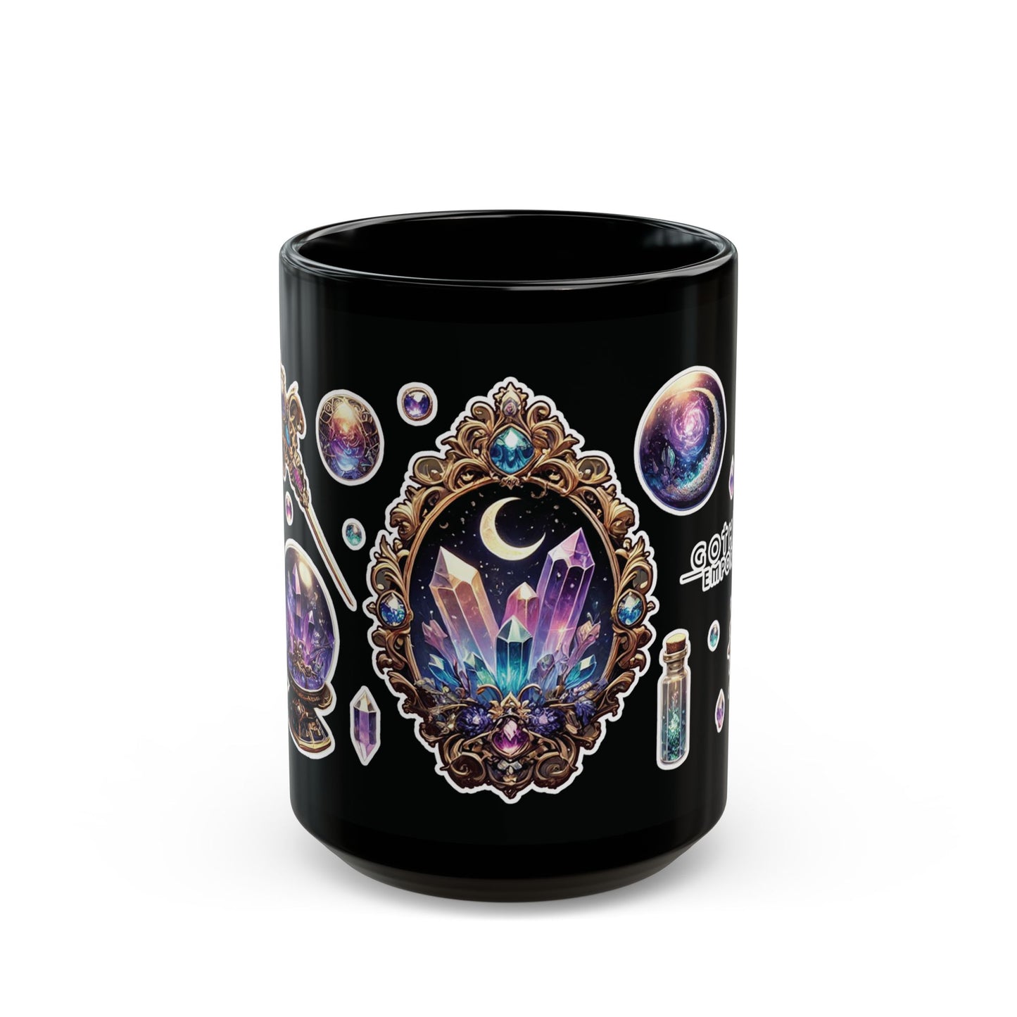 “Crystal Gem” Black Mug (11oz & 15oz) — mystical, moody, and made for magic sips 💎☕🌑✨