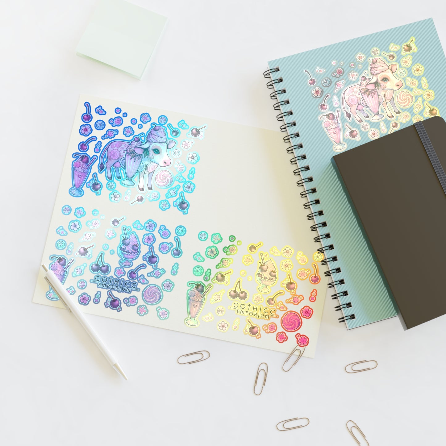 “Milkshake Cow” Holographic Sticker Sheet – 11x8.5 — dairy-core chaos in full sparkle mode 🐄🍓🌈