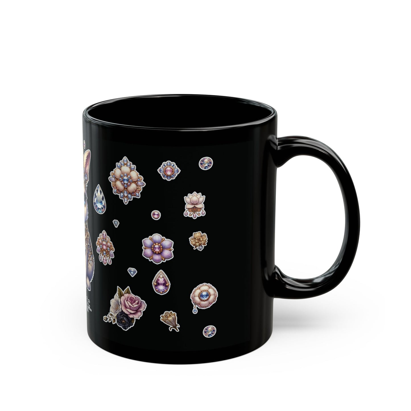 “Jeweled Bunny” Black Mug – 11oz & 15oz — sweet sips with sharp sparkle 🐰💅💎🖤