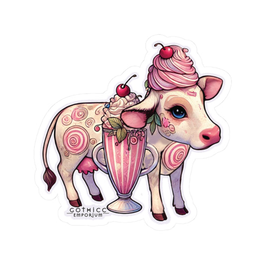 “Milkshake Cow” Kiss-Cut Sticker — dairy-core chaos with spooky-sweet sass 🐄🍓🖤✨
