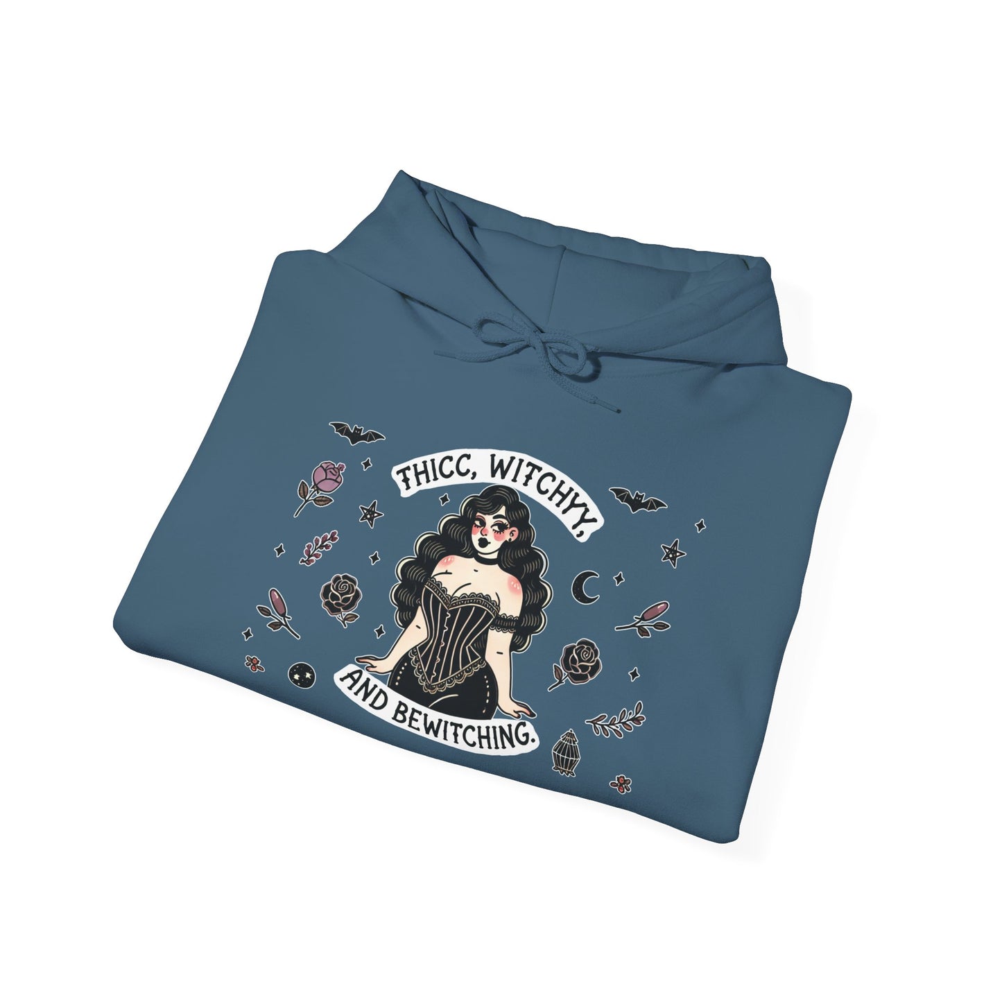 🔮“Thicc Witchyy” Unisex Heavy Blend™ Hooded Sweatshirt — curvy, cursed, and casting chaos 🖤🕯️🌙✨