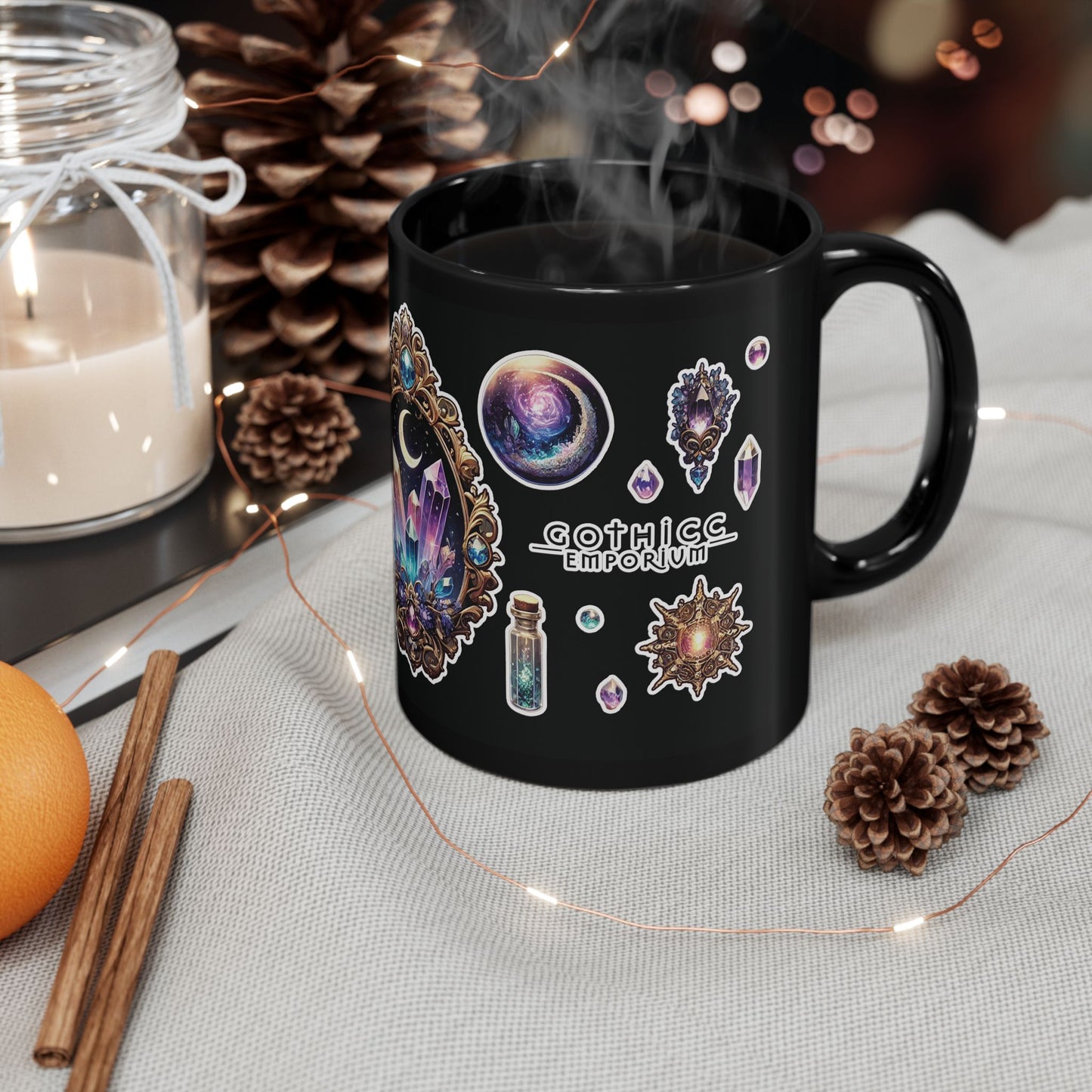 “Crystal Gem” Black Mug (11oz & 15oz) — mystical, moody, and made for magic sips 💎☕🌑✨