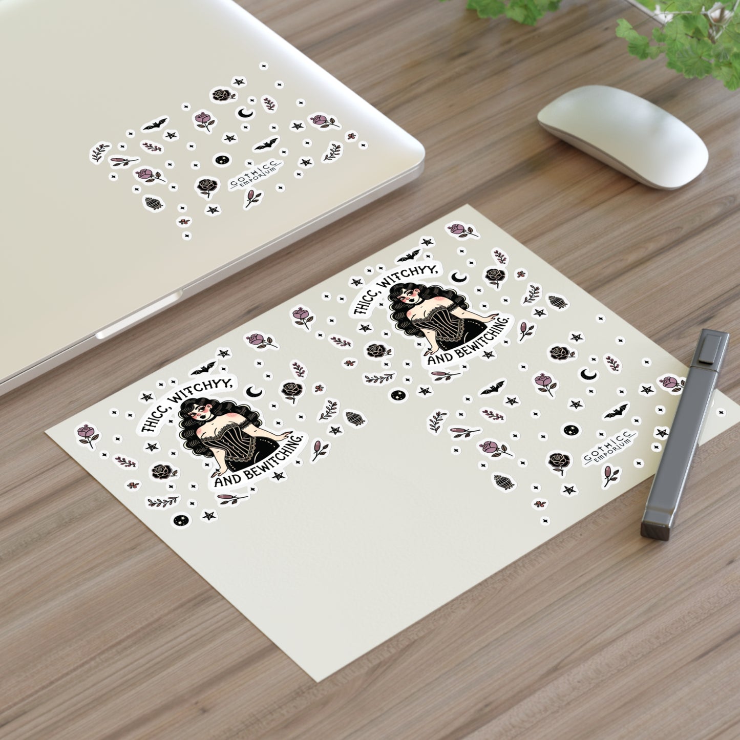 “Thicc Witchyy” Sticker Sheet – 11x8.5 — curvy, cursed, and casting spells in style 🔮🖤🌙🍑