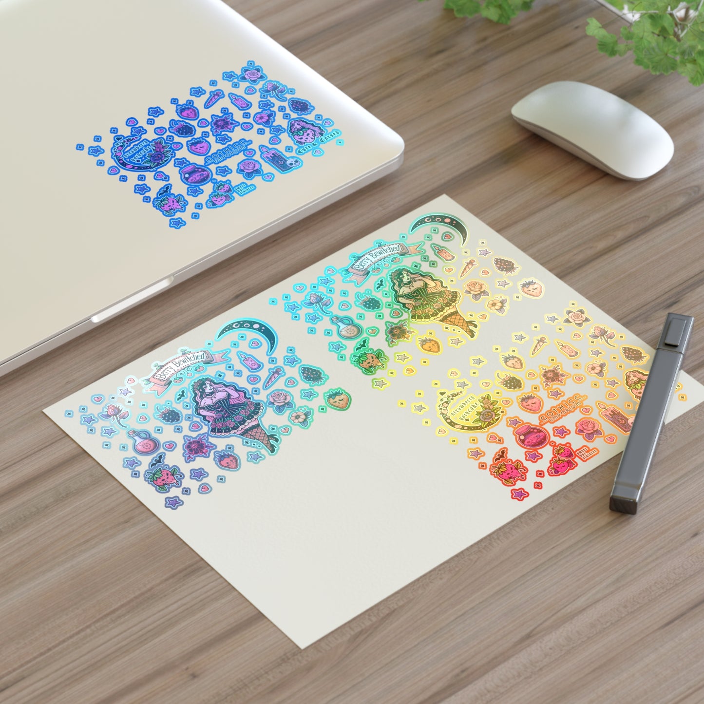 “Berry Bewitched” Holographic Sticker Sheet – 11x8.5 — sugar, sparkle, and just a hint of poison 🍓🌈🖤🔮