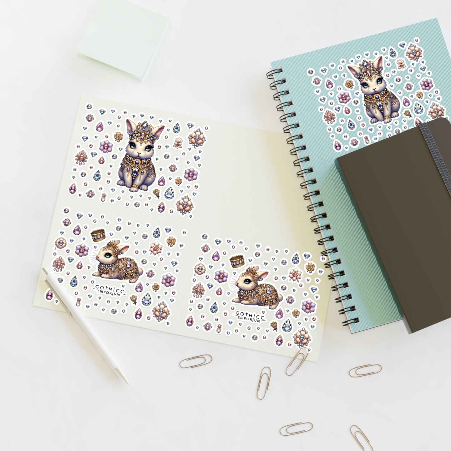 “Jeweled Bunny” Sticker Sheet – 11x8.5 — sparkly, sly, and dangerously adorable 🐰💎🖤✨