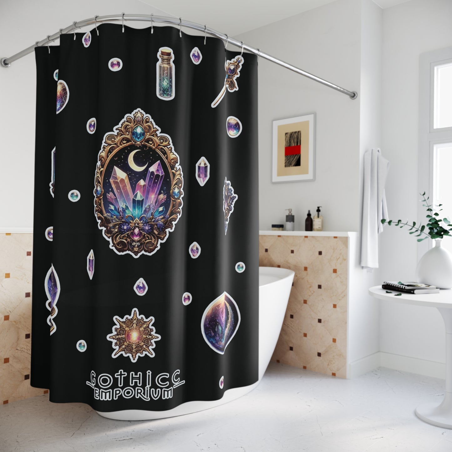 💎“Crystal Gem” Shower Curtain in Black — sacred sparkle, bathroom witchery, and moody glam 💎🖤🚿✨