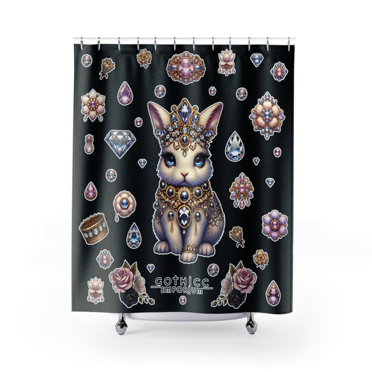 “Jeweled Bunny” Shower Curtain – Black — glam chaos for your dark little lair 🐰💎🖤🚿
