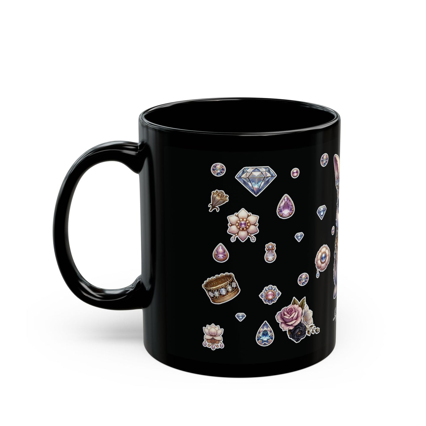 “Jeweled Bunny” Black Mug – 11oz & 15oz — sweet sips with sharp sparkle 🐰💅💎🖤