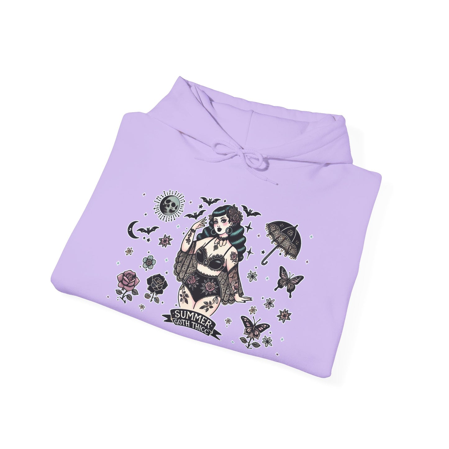 🕷️“Summer Goth Thicc” Unisex Heavy Blend™ Hooded Sweatshirt — hot, haunted, and too bold to melt 🖤🌞🕶️🕷️