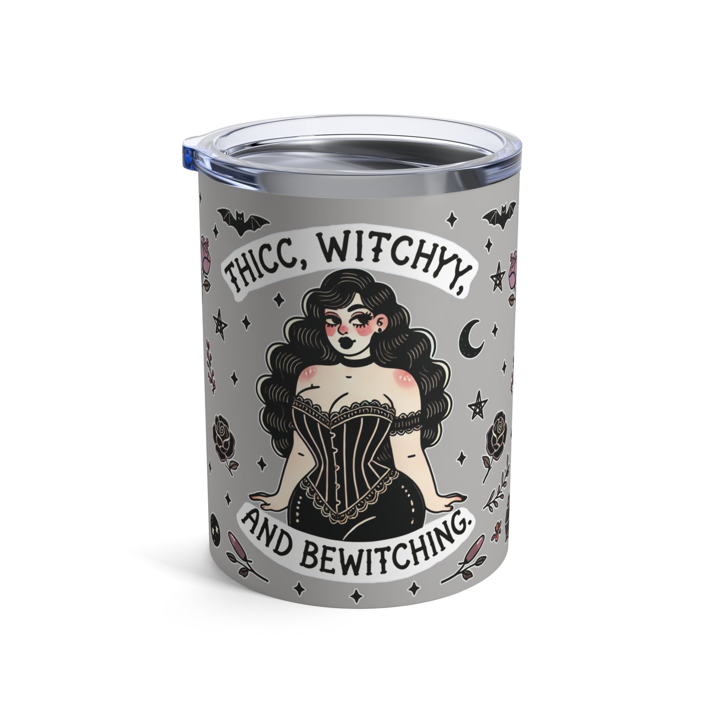 “Thicc Witchyy” Tumbler – 10oz in grey — brewed bold, served hot, and built for curves & curses 🧹🔥🖤✨