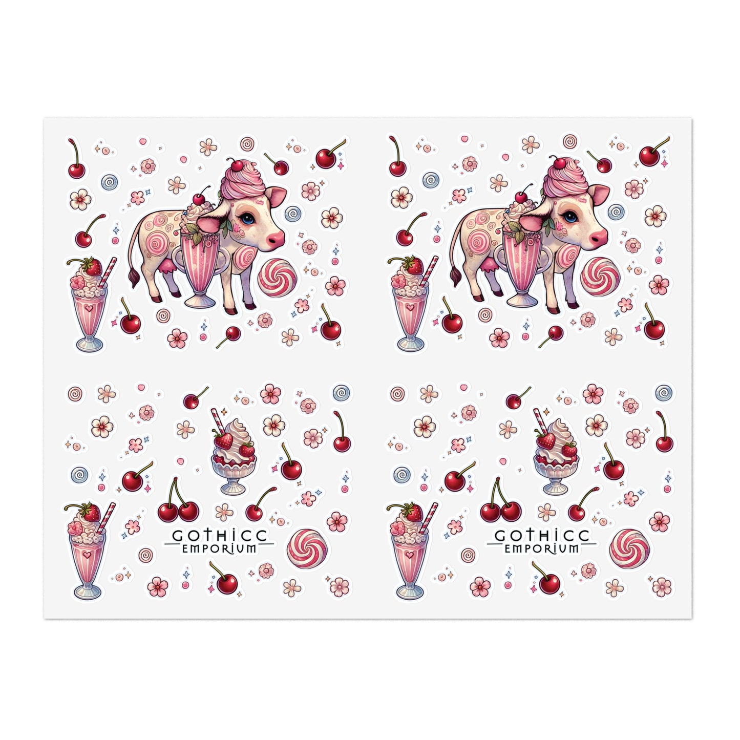 “Milkshake Cow” Sticker Sheet – 11x8.5 — sweet udderly unhinged 🐄🖤🍓👻