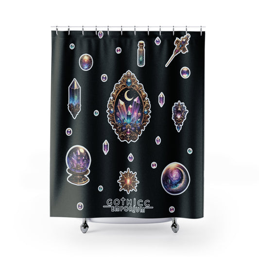 💎“Crystal Gem” Shower Curtain in Black — sacred sparkle, bathroom witchery, and moody glam 💎🖤🚿✨