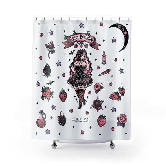 “Berry Bewitched” Shower Curtain – White — sweet spells & cursed cravings 🍓🔮🖤🚿